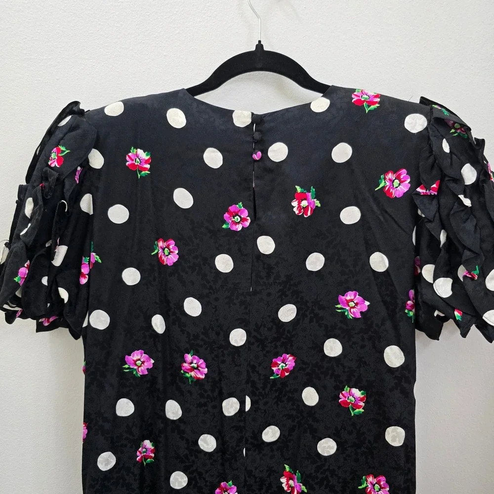 Vintage Maggy London Silk Polka Dot Floral Ruffle Dress Shoulder Pads Black 14 - Picture 6 of 8
